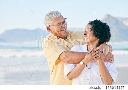 Senior couple at beach, hug and happy with travel, retirement and love outdoor, vacation with view and relax in nature. Peace, zen and tropical island, man and woman with marriage and happiness Senior couple at beach, hug and happy with travel, retirement and love outdoor, vacation with view and relax in nature. Peace, zen and tropical island, man and woman with marriage and happiness 133015175
