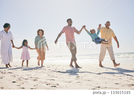 Family walk beach, freedom and travel, generations and happy people, grandparents with parents and kids. Adventure, outdoor with dad and grandfather swing kid, fun on holiday with hand holding Family walk beach, freedom and travel, generations and happy people, grandparents with parents and kids. Adventure, outdoor with dad and grandfather swing kid, fun on holiday with hand holding 133015185