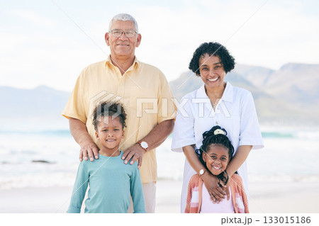 Happy portrait, peace and family on beach holiday for calm, freedom and outdoor quality time together. Nature sunshine, ocean sea sand and Mexico children, grandparents or people smile on vacation 133015186