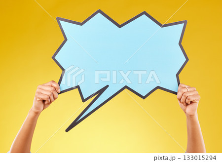 Social media announcement, woman and hands with speech bubble for opinion, marketing space or brand advertising. Product placement, mock up billboard and person with voice mockup on studio background 133015294