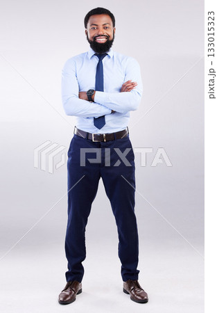 Business, studio portrait and black man smile with arms crossed in leadership, pride and motivation on white background. Happy corporate manager and confidence of management, commitment or proud look Business, studio portrait and black man smile with arms crossed in leadership, pride and motivation on white background. Happy corporate manager and confidence of management, commitment or proud look 133015323