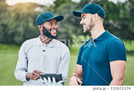 Tablet, gold and friends planning course or game on a weekend outdoors using the internet, web or an app. Team, diverse and happy sporty male people golfing and networking as sport fitness Tablet, gold and friends planning course or game on a weekend outdoors using the internet, web or an app. Team, diverse and happy sporty male people golfing and networking as sport fitness 133015374