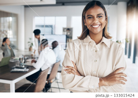 Meeting, Indian woman portrait and corporate employee in a conference room with collaboration. Success, leadership and proud worker feeling happy about workplace teamwork strategy and company growth 133015424