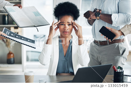 Stress, headache and portrait of a busy black woman with burnout, management anxiety and tired. Mental health, chaos and an African employee with people for work, migraine pain and overworked Stress, headache and portrait of a busy black woman with burnout, management anxiety and tired. Mental health, chaos and an African employee with people for work, migraine pain and overworked 133015459