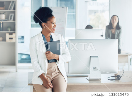 Business, success and black woman thinking, opportunity and ideas with happiness, cheerful and growth. African American female employee, leader and consultant with management skills and development Business, success and black woman thinking, opportunity and ideas with happiness, cheerful and growth. African American female employee, leader and consultant with management skills and development 133015470