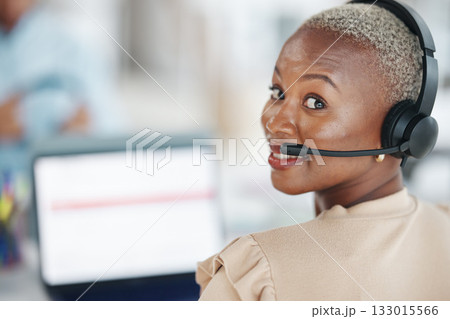Black woman, call center and face with headphones for consulting, customer service or support at office. Portrait of friendly African American female consultant agent smiling with headset for advice Black woman, call center and face with headphones for consulting, customer service or support at office. Portrait of friendly African American female consultant agent smiling with headset for advice 133015566