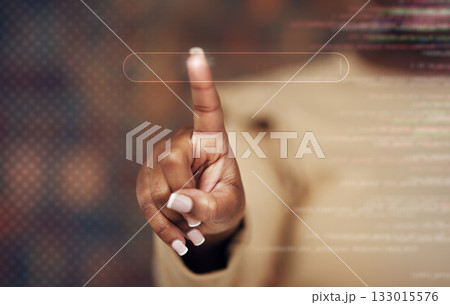 Hand, search and overlay with a woman online, doing research on an information database using a holographic dashboard. Digital, future and a female user with touchscreen ai or ux hologram technology 133015576