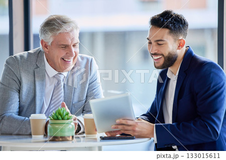 Business people, tablet and laughing on break for funny joke, meme or social media at the office. Businessman showing senior CEO fun idea with laugh for team building or collaboration on touchscreen 133015611