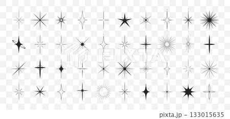 Sparkle stars collection. Minimalistic star set. Sunburst shape bundle. Vector illustration isolated on transparent background 133015635