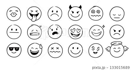 Face emoji icon set. Hand drawn doodle sketch style happy, angry, sad mood face emoticon background. Funny cartoon characters smile, wink, kiss emoji. Cute line emotion element. Vector 133015689
