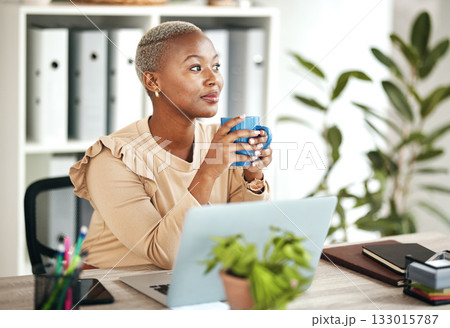 Black woman at desk, thinking with coffee and relax with ideas for content creation at digital marketing startup. Copywriter, laptop and female, contemplating and inspiration for copywriting job Black woman at desk, thinking with coffee and relax with ideas for content creation at digital marketing startup. Copywriter, laptop and female, contemplating and inspiration for copywriting job 133015787
