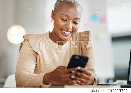 Black woman, office and texting for communication with phone, email or social media with happiness. Businesswoman, smartphone and chat for online dating, blog post and smile for contact at desktop Black woman, office and texting for communication with phone, email or social media with happiness. Businesswoman, smartphone and chat for online dating, blog post and smile for contact at desktop 133015793