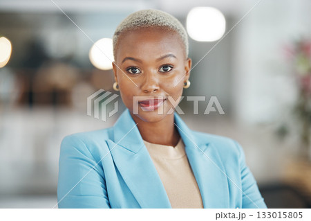 Office face portrait, manager and black woman, business employee or leader confident in startup company mission. Management, corporate person and African female, bank admin or professional consultant 133015805