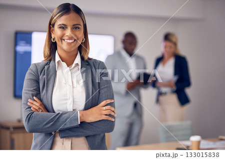 Proud portrait of business woman in office meeting with mindset for employees engagement, leadership and management. Face of happy corporate or professional Indian person or worker with job integrity 133015838