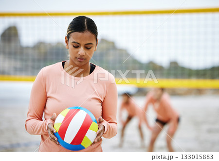 Beach volleyball, focus or sports girl in training playing a game or cardio fitness workout in summer. Thinking and active woman on sand ready for a fun competitive match in Brazil, Sao Paulo 133015883