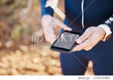 5g, phone screen and nature, hands of man at rest stop in countryside looking at direction or map information online. Mobile, fitness app and smartphone, cyclist on internet search for gps location. 133015902