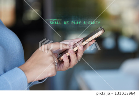 Woman, hands and phone in cybersecurity, metaverse or hacked mobile device and social network. Hand of female on smartphone with hacker prompt, message or text for game or malicious software attack Woman, hands and phone in cybersecurity, metaverse or hacked mobile device and social network. Hand of female on smartphone with hacker prompt, message or text for game or malicious software attack 133015964