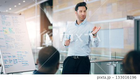 Business man, speaker and board at conference, presentation or workshop with question, writing and talk. Leader, coach and mentor with whiteboard, training and advice for team in meeting room Business man, speaker and board at conference, presentation or workshop with question, writing and talk. Leader, coach and mentor with whiteboard, training and advice for team in meeting room 133016196
