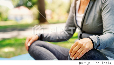 Woman in park, yoga and meditation with fitness outdoor, zen and calm with spiritual healing in park. Female person exercise in nature, pilates and meditate for health, wellness and mindfulness Woman in park, yoga and meditation with fitness outdoor, zen and calm with spiritual healing in park. Female person exercise in nature, pilates and meditate for health, wellness and mindfulness 133016313