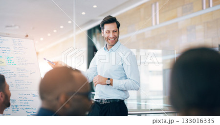 Business man, speaker and board at workshop, presentation or conference with question, pointing and talk. Leader, coaching and mentor with whiteboard, training and advice for analysis in meeting room Business man, speaker and board at workshop, presentation or conference with question, pointing and talk. Leader, coaching and mentor with whiteboard, training and advice for analysis in meeting room 133016335