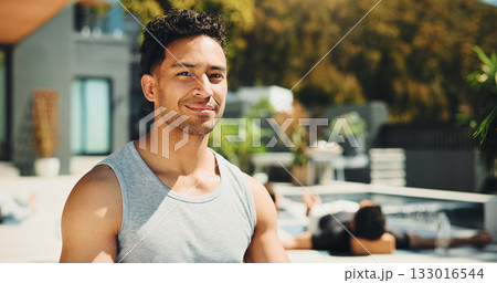 Portrait, instructor or happy man with outdoor yoga class at resort, health or body wellness practice. Join us, pilates session or confident coach with smile for fitness, holistic exercise or retreat Portrait, instructor or happy man with outdoor yoga class at resort, health or body wellness practice. Join us, pilates session or confident coach with smile for fitness, holistic exercise or retreat 133016544