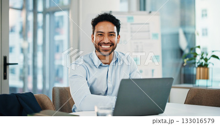 Portrait, laptop and happy with business man in office for assets, account report and planning. Portfolio manager, broker review and online with person in agency for risk assessment and smile Portrait, laptop and happy with business man in office for assets, account report and planning. Portfolio manager, broker review and online with person in agency for risk assessment and smile 133016579