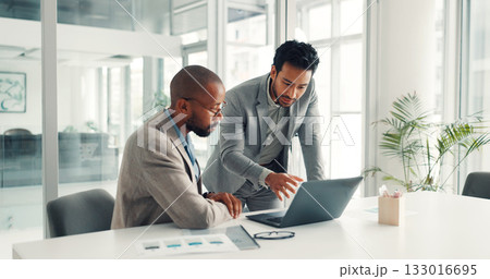 Feedback, teamwork and laptop with business people in office for planning, broker advice and stakeholder pitch. Investor proposal, collaboration or research update with employees in agency for report Feedback, teamwork and laptop with business people in office for planning, broker advice and stakeholder pitch. Investor proposal, collaboration or research update with employees in agency for report 133016695