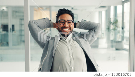 Happy, businessman or stretching with completion for done tasks, finished or break in office. Excited, man or employee with smile, rest or relax for productive day, deadline or free time in workplace 133016703
