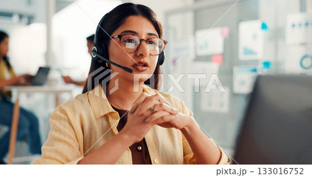 Telemarketing, laptop and woman with headset, call center and communication with contact and online. Customer service, glasses and person with mic for discussion, lead generation and reflection 133016752