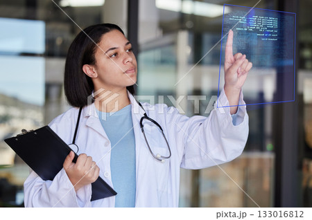 Hospital coding chart, graphic and woman doctor check medical stats and healthcare analytics. Clinic, futuristic wellness and health research code hologram with employee checking 3d information Hospital coding chart, graphic and woman doctor check medical stats and healthcare analytics. Clinic, futuristic wellness and health research code hologram with employee checking 3d information 133016812
