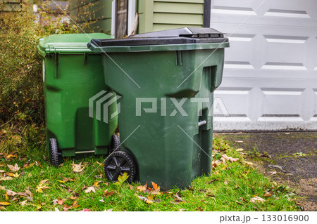 Two green garbage bins standing by a porch decorated with carved Halloween pumpkins and fallen autumn leaves. 133016900