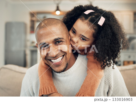 Family, portrait and girl kiss father on sofa, happy and playing or bond in their home. Piggyback, hug and face of parent with child on couch, sweet and embrace and having fun in living room Family, portrait and girl kiss father on sofa, happy and playing or bond in their home. Piggyback, hug and face of parent with child on couch, sweet and embrace and having fun in living room 133016903