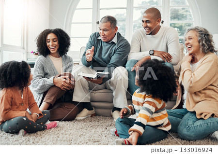 Family relax, wow with fantasy and reading book, grandparents with parents and kids at home for storytelling. Surprise, shock and imagine, generations and happy people with novel, bonding and love Family relax, wow with fantasy and reading book, grandparents with parents and kids at home for storytelling. Surprise, shock and imagine, generations and happy people with novel, bonding and love 133016924