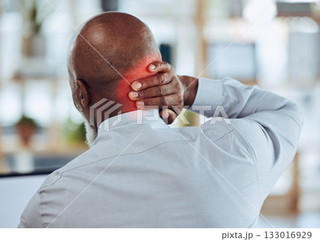 Back, red neck pain and business man in office with joint injury, health risk and bruise. Head of worker, muscle problem and body fatigue from bad posture at desk, stress and anatomy inflammation 133016929