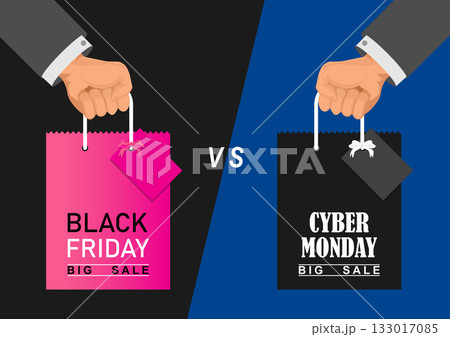 Human hands holding Black Friday and Cyber Monday shopping bags. Human hands holding Black Friday and Cyber Monday shopping bags. 133017085