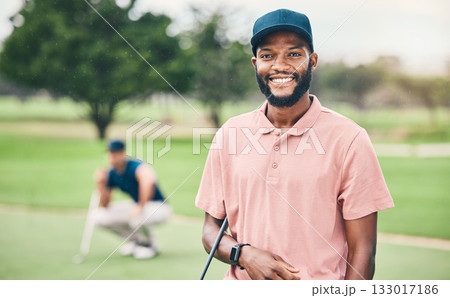 Golf, sports and portrait of black man with smile on course for game, practice and training for competition. Professional golfer, fitness and happy male athlete for exercise, fun activity and golfing 133017186
