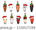 クリスマスの帽子をかぶった馬のセット、顔 133017199