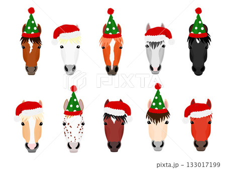 クリスマスの帽子をかぶった馬のセット、顔 133017199