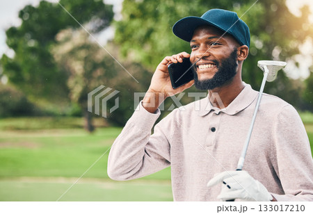 Black man, phone call and communication on golf course for sports conversation or discussion outdoors. Happy African male smiling and talking on smartphone while golfing for sport hobby in nature 133017210