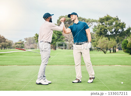 Friends, men and shaking hands on golf course for sports, trust or partnership on grass field together. Golfing, collaboration and happy people handshake for good match, game or competition outdoors. 133017211