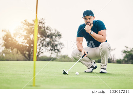 Thinking, sports and hole with man on golf course for training, competition match and planning. Games, challenge and tournament with athlete playing on field for exercise, precision and confidence Thinking, sports and hole with man on golf course for training, competition match and planning. Games, challenge and tournament with athlete playing on field for exercise, precision and confidence 133017212