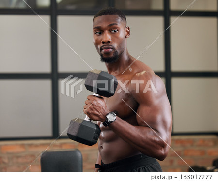 Black man, weights training and gym fitness of a athlete doing power lifting for exercise. Sport workout, bodybuilding and African American male with strong arms, wellness and health exercising 133017277