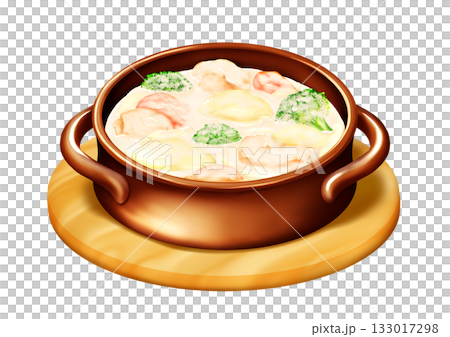 Chicken cream stew served in a bowl with a moon-shaped handle, with a base plate 133017298