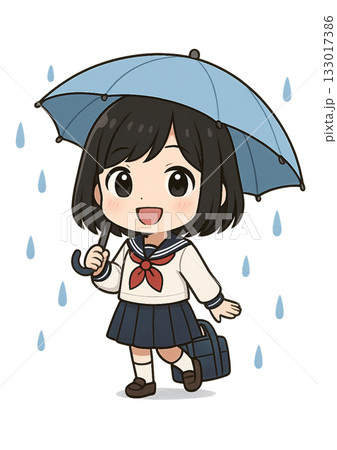 雨の中バッグを置いて傘をさし、笑顔で人を待っているセーラー服の女子高生 雨の中バッグを置いて傘をさし、笑顔で人を待っているセーラー服の女子高生 133017386