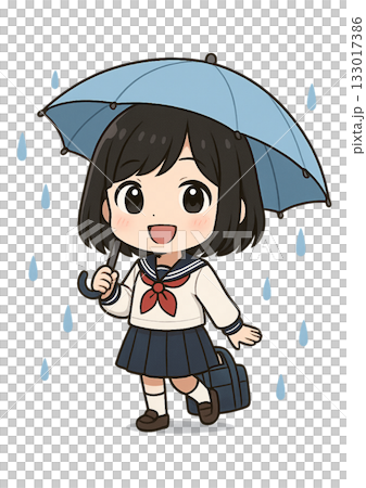 雨の中バッグを置いて傘をさし、笑顔で人を待っているセーラー服の女子高生 雨の中バッグを置いて傘をさし、笑顔で人を待っているセーラー服の女子高生 133017386