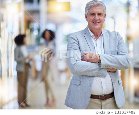 Business, happy man and portrait with arms crossed of manager, leadership experience and trust with smile. Mature executive CEO standing in company for happiness, corporate motivation and office boss 133017408