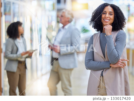 Business, woman and portrait with smile for empowerment, motivation and professional project manager. Happy young female employee standing in company for happiness, pride or confidence in busy office Business, woman and portrait with smile for empowerment, motivation and professional project manager. Happy young female employee standing in company for happiness, pride or confidence in busy office 133017420