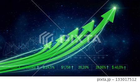 Financial growth concept, green arrows up, stock market chart, business success, investment profit, economy increase, trading data analytics, futuristic space background 133017512