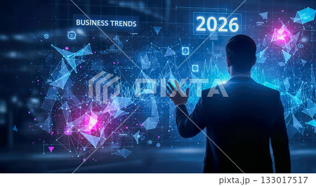 Business trends 2026, businessman analyzing data, futuristic holographic interface, low poly plexus, financial chart, technology strategy, modern office Business trends 2026, businessman analyzing data, futuristic holographic interface, low poly plexus, financial chart, technology strategy, modern office 133017517