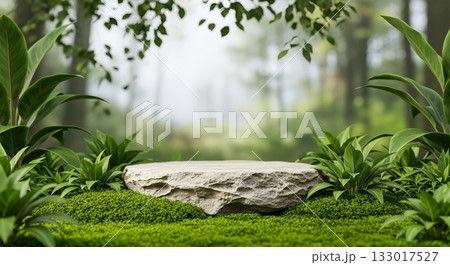 Stone podium in forest, 3D product display, natural background, moss, plants, cosmetic stage, eco mockup, jungle scene, rock pedestal, organic 133017527